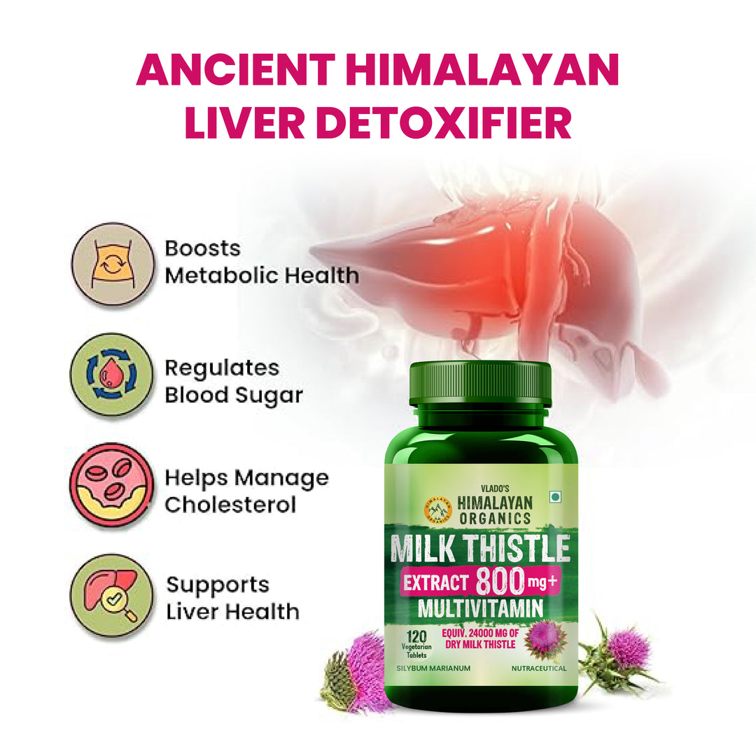Vlado's Himalayan Organics Milk Thistle Extract With 800Mg Of Silybum Marianum Detox Supplement For Men And Women For Healthy Liver | Boost Metabolism And Maintain Cholesterol level - 120 Vegetarian Tablets