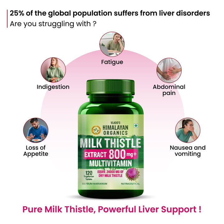 Vlado's Himalayan Organics Milk Thistle Extract With 800Mg Of Silybum Marianum Detox Supplement For Men And Women For Healthy Liver | Boost Metabolism And Maintain Cholesterol level - 120 Vegetarian Tablets