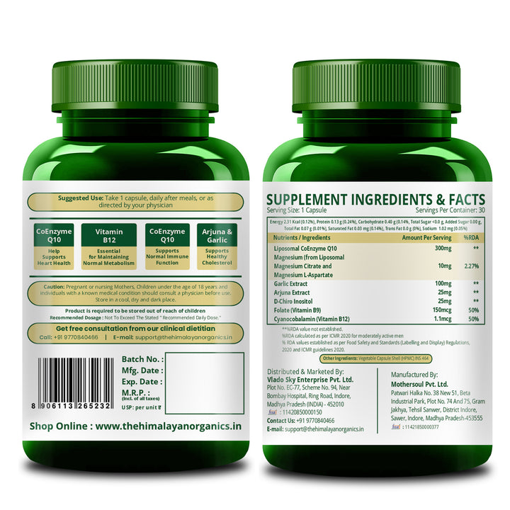 Vlado's Himalayan Organics Liposomal Coenzyme Q10 | CoQ10 Supplement 300mg+ with Magnesium, Vitamin B9 & B12, D-Chiro-Inositol, ,Garlic, Arjuna, Methyl, Folate | High Absorption I Coq10 Ubiqinol Supports Heart Health and Vascular Health  – 30 Capsules