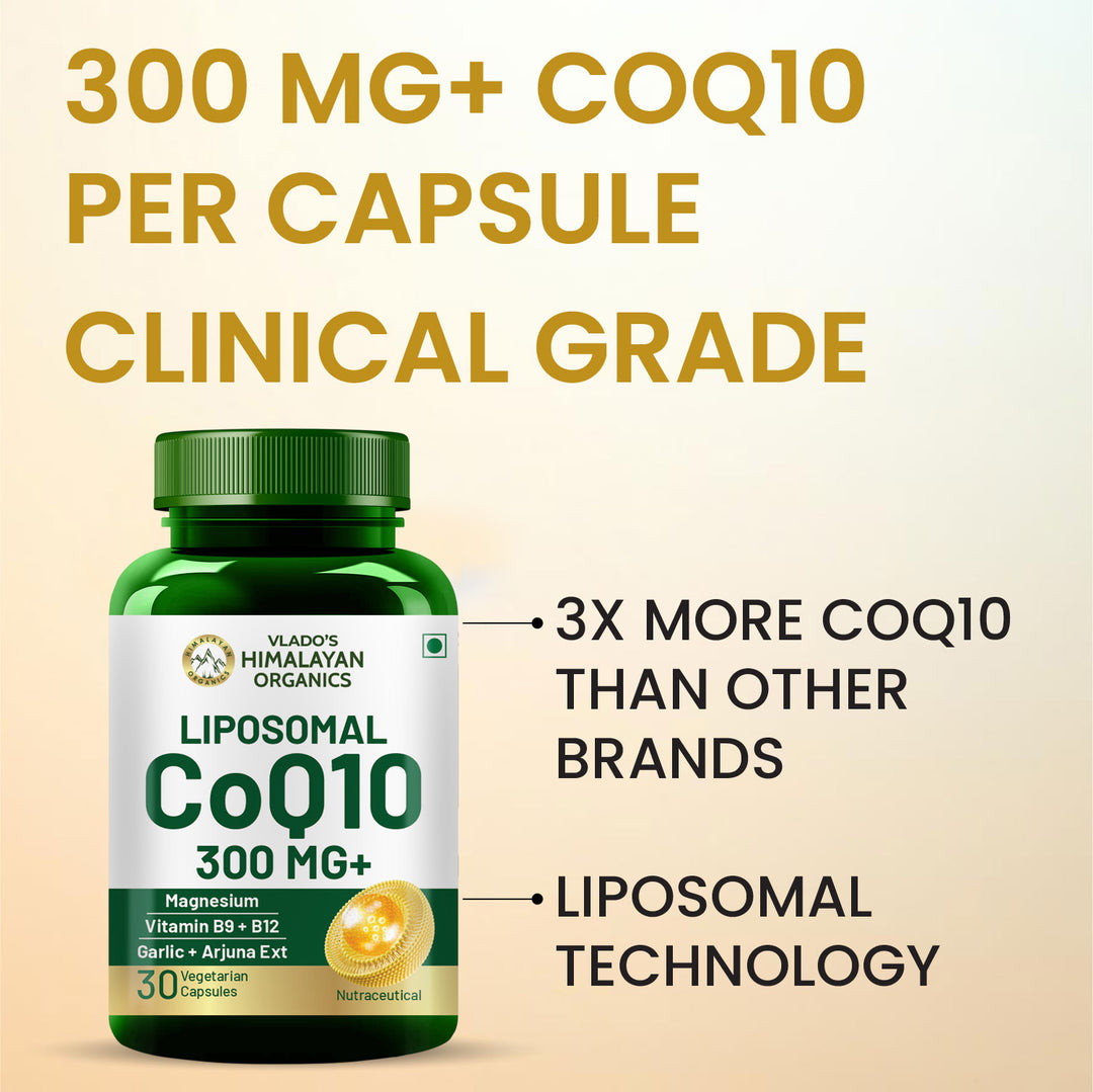 Vlado's Himalayan Organics Liposomal Coenzyme Q10 | CoQ10 Supplement 300mg+ with Magnesium, Vitamin B9 & B12, D-Chiro-Inositol, ,Garlic, Arjuna, Methyl, Folate | High Absorption I Coq10 Ubiqinol Supports Heart Health and Vascular Health  – 30 Capsules