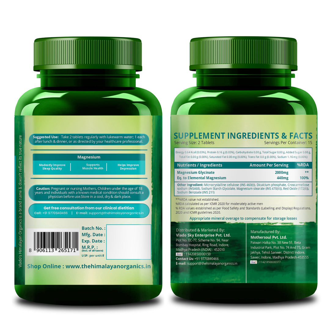 Vlado's Himalayan Organics Magnesium Glycinate High Absorption Magnesium Supplement 2000 MG - For Sleep, Cramps, Supports | Clinically Approven | Muscle Recovery & Better Sleep & Nerves Health - 30 Tablets - (100% RDA )