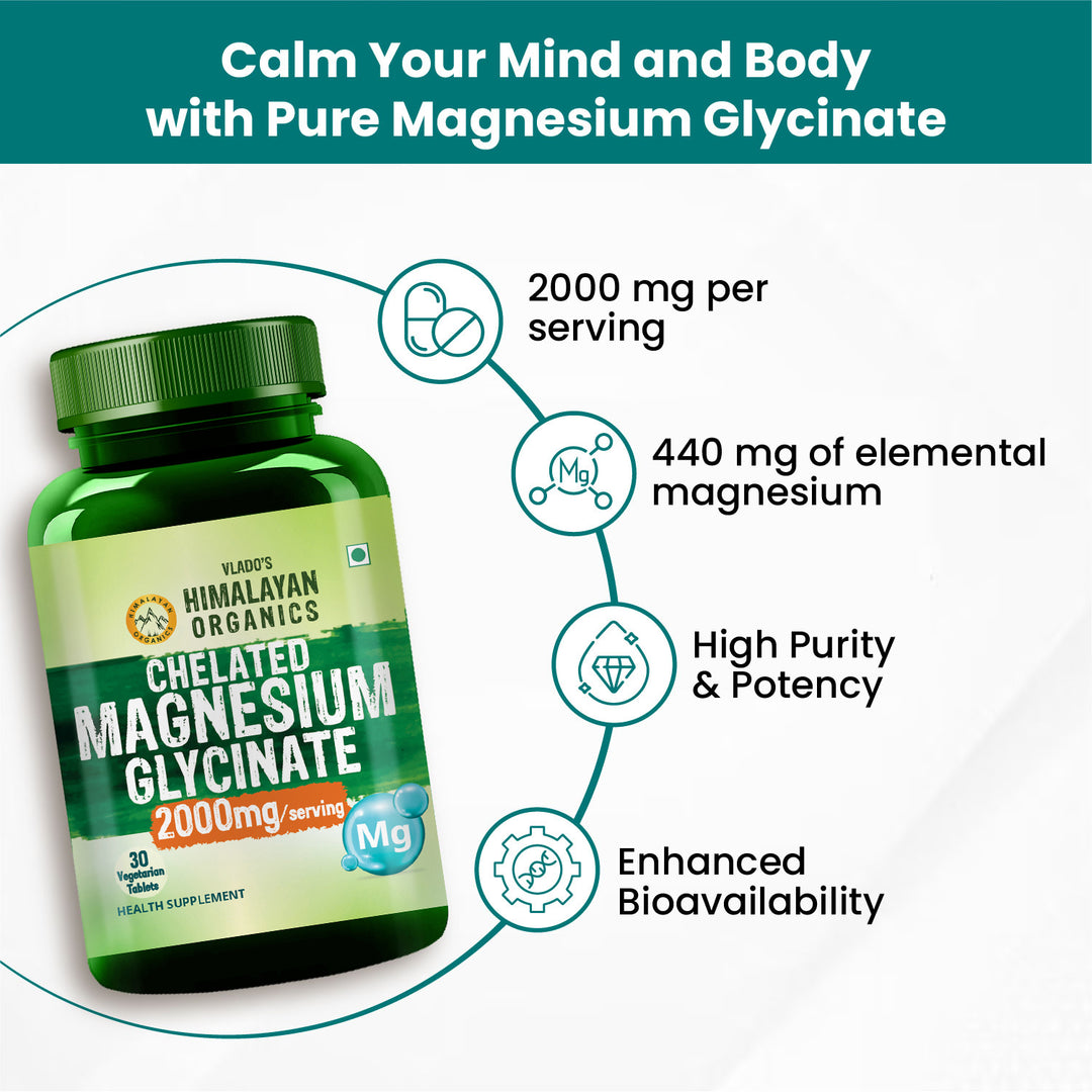 Vlado's Himalayan Organics Magnesium Glycinate High Absorption Magnesium Supplement 2000 MG - For Sleep, Cramps, Supports | Clinically Approven | Muscle Recovery & Better Sleep & Nerves Health - 30 Tablets - (100% RDA )