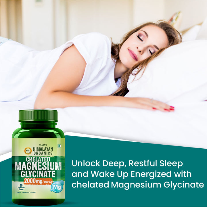 Vlado's Himalayan Organics Magnesium Glycinate High Absorption Magnesium Supplement 2000 MG - For Sleep, Cramps, Supports | Clinically Approven | Muscle Recovery & Better Sleep & Nerves Health - 30 Tablets - (100% RDA )