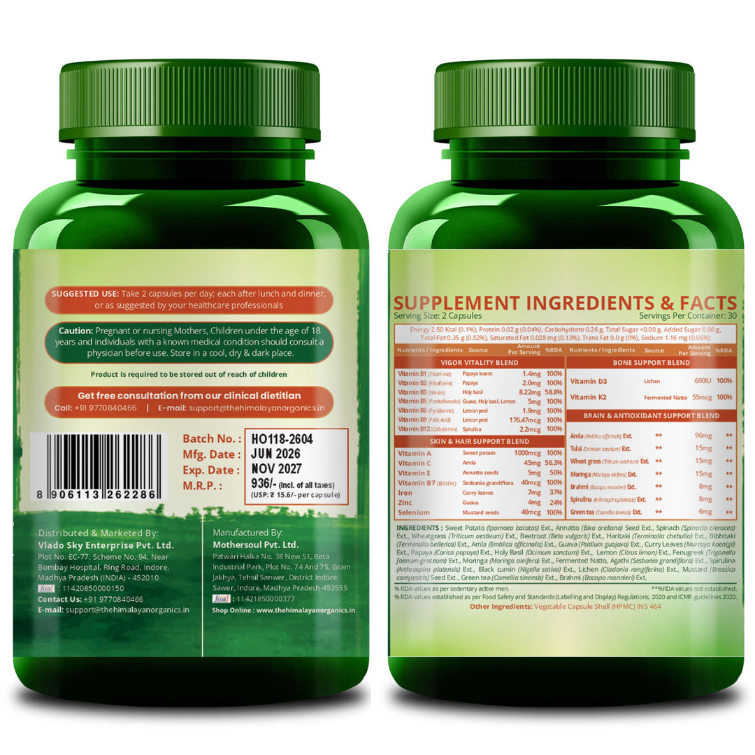 Vlado's Himalayan Organics Plant Based Multivitamin (60+ Ingredients) for Immunity, Energy, Stamina And Vitality – 60 Veg Capsules