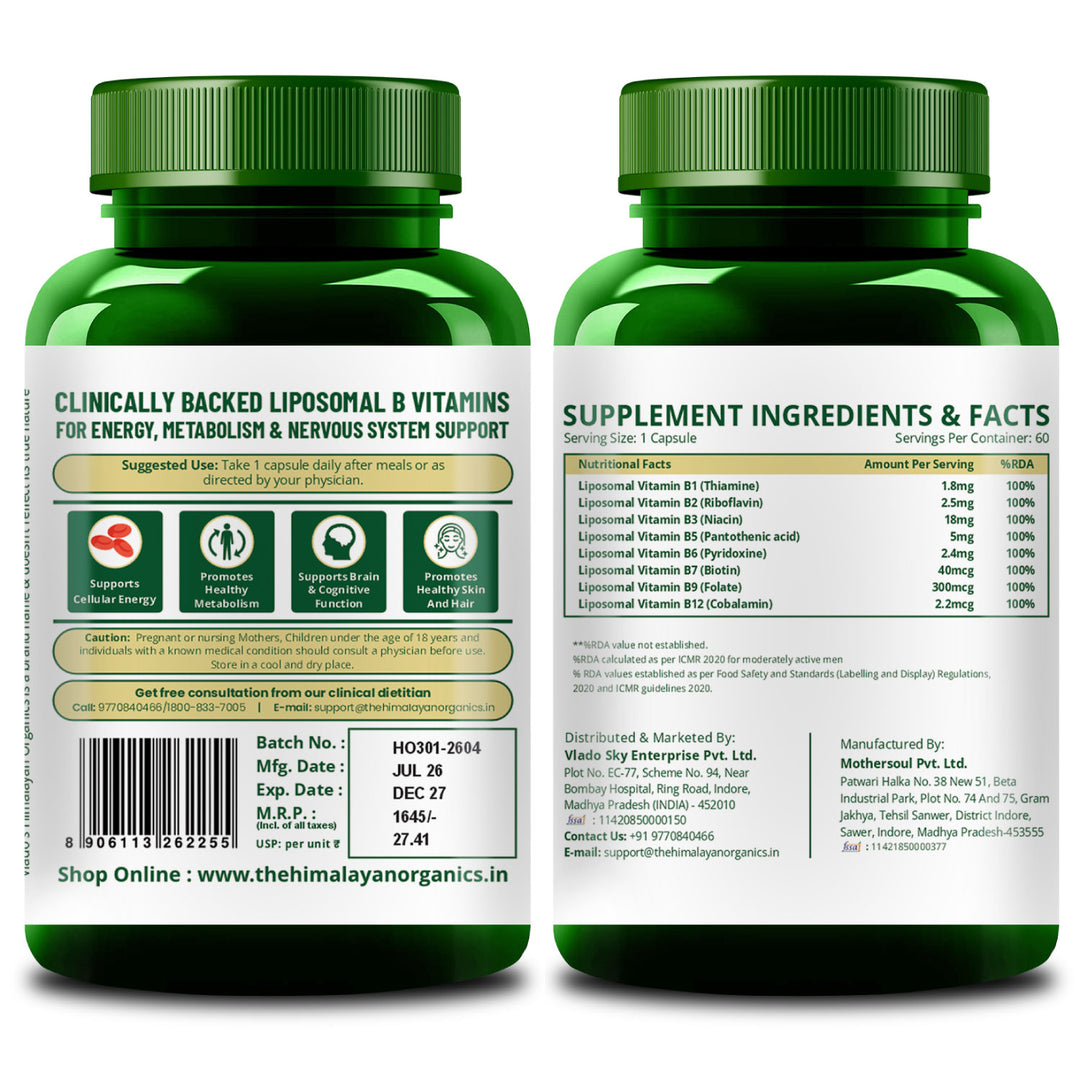 Vlado’s Himalayan Organics Liposomal Vitamin B Complex with 100% RDA B1, B2, B3, B5, B6, B9 & B12 | Hair Growth, Boost Energy And Immunity (60 Capsules)