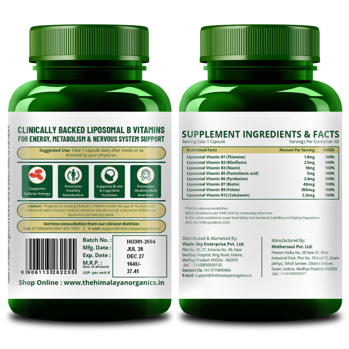 Vlado’s Himalayan Organics Liposomal Vitamin B Complex with 100% RDA B1, B2, B3, B5, B6, B9 & B12 | Hair Growth, Boost Energy And Immunity (60 Capsules)