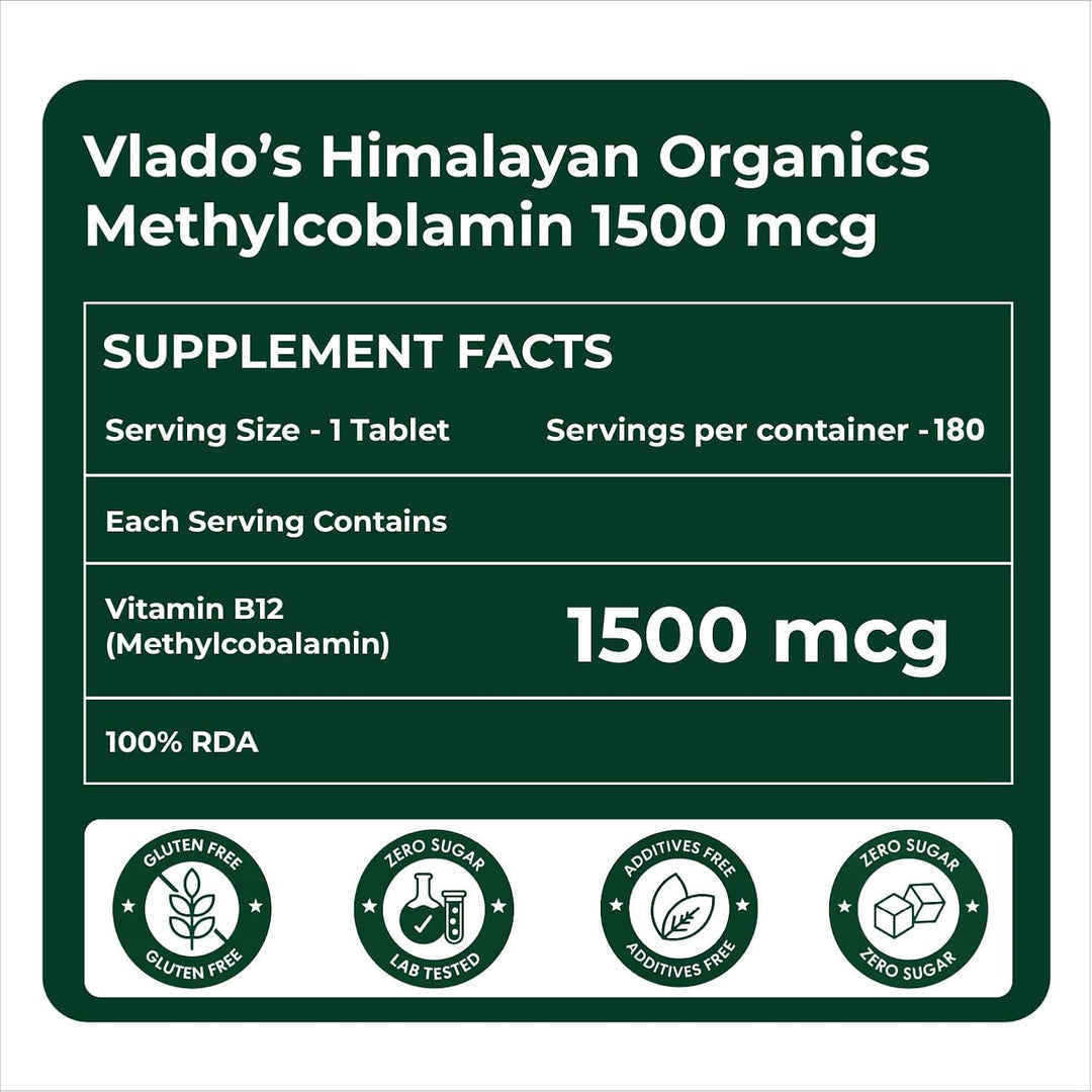 Vlado's Himalayan Organics Vitamin B12 Tablets 1500 mcg -Active form of Methylcobalamin Vitamin B12 Supplements for Men & Women- 180 Veg Tablets (6 Months Supply Pack)
