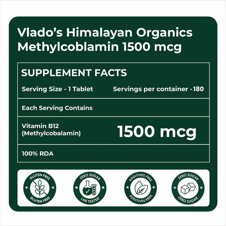 Vlado's Himalayan Organics Vitamin B12 Tablets 1500 mcg -Active form of Methylcobalamin Vitamin B12 Supplements for Men & Women- 180 Veg Tablets (6 Months Supply Pack)