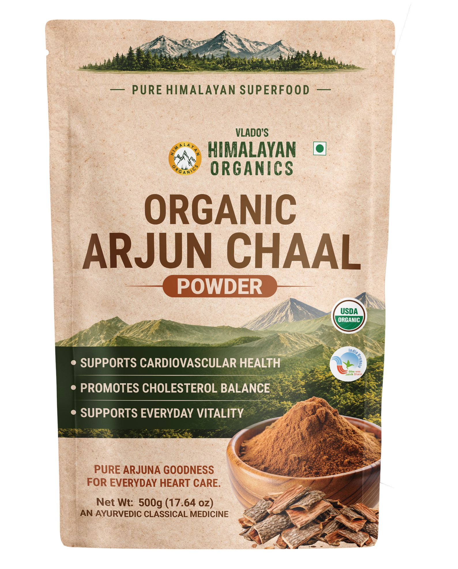 Vlado's Himalayan Organics Arjun Chaal Powder-500G |Natural & Pure Herbal Arjun Ki Chaal Powder For Men & Women I USDA Organic | To Support Heart Health & Promote Good Cholesterol
