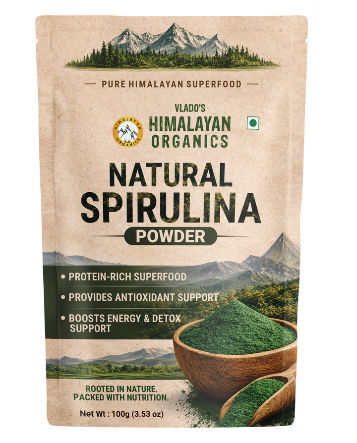 Vlado's Himalayan Organics Spirulina Powder (100g) | For Men & Women | Contains 62% Protein I Natural Superfood | Rich in Protein, Vitamins & Minerals | Boost Energy & Immunity | Support Digestion & Skin health