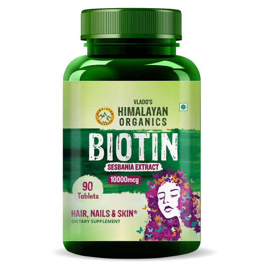 Vlado’s Himalayan Organics Biotin 10000 MCG tablets for Hair Growth, Radiant Skin and Stronger Nails I Sesbania Grandiflora Extract Biotin I Biotin Supplement for men & Women - 90 Veg Tablets