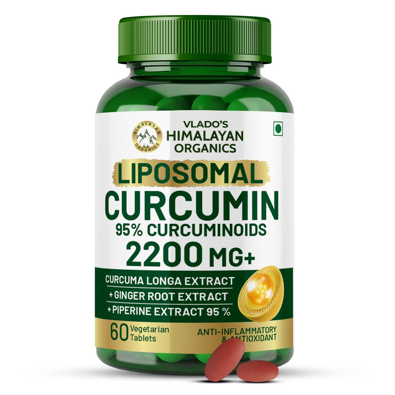 Vlado's Himalayan Organics Curcumin (1600mg+ / Serving ) with Black Pepper  Supplement and 95% Curcuminoids | Anti inflammatory Supplement for Men & Women | With Curcuma Longa, Turmeric & Ginger Root extract | 60 Veg Tablets