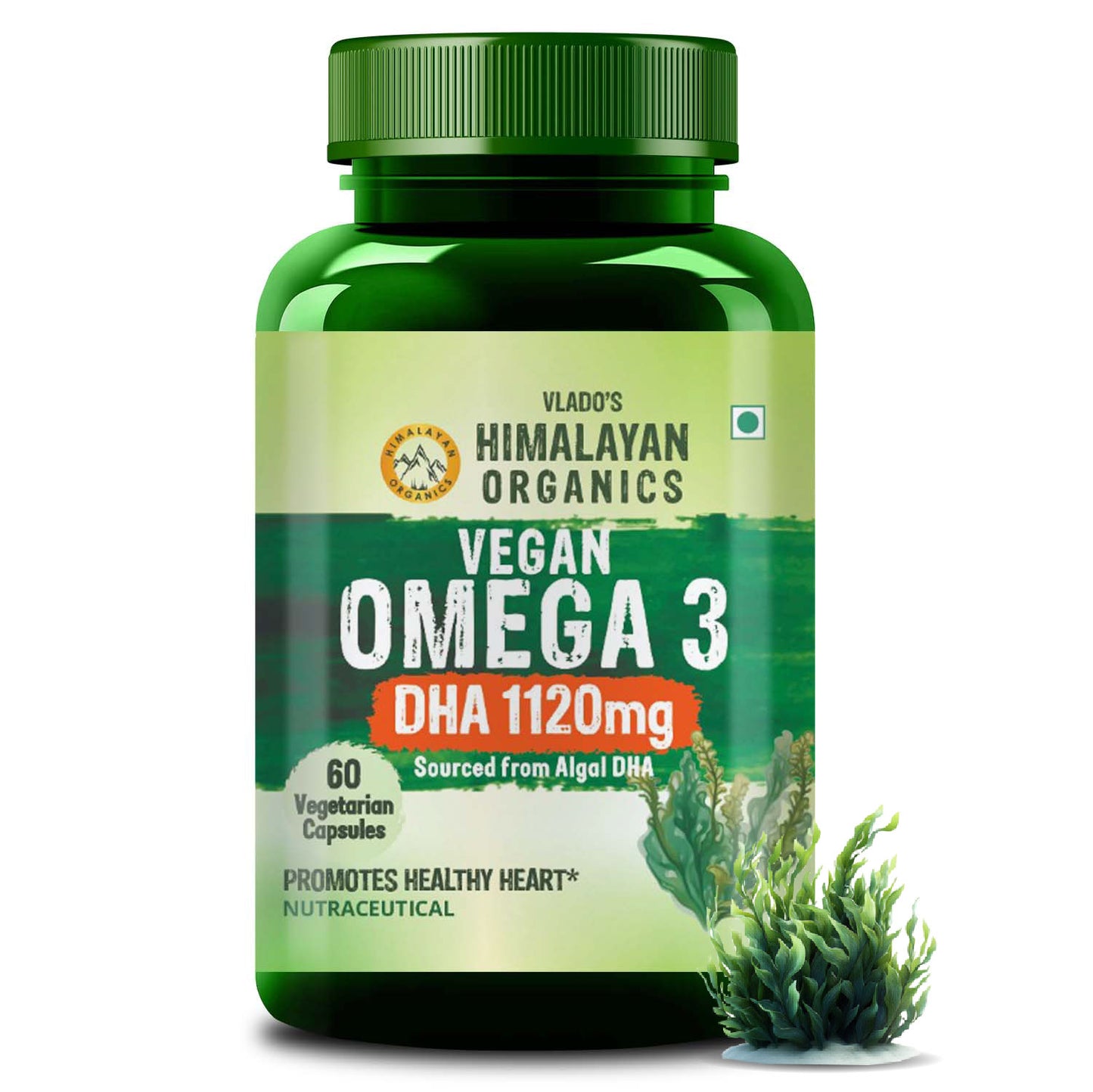 Vlado's Himalayan Organics Vegan Omega 3 - 1120 MG Supplement | 3X Strength | Veg DHA | Vegetarian Omega 3 | Algal DHA | Plant Based | No Fish oil Used I Healthy Heart, Joints & Eyes I Omega Capsules for Men & Women- 60 Veg Capsules