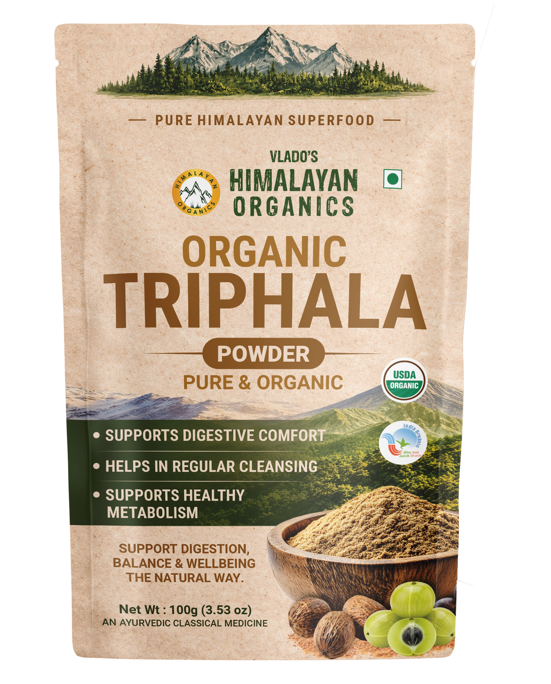 Vlado's Himalayan Organics Triphala Powder - 100 GM | Triphala Churna For Gut, Immune & Intestinal Health | Colon & Digestion, For Balanced Bowel & Gut Health, Contains Bioactives and Antioxidants, GMP & NPOP Certified Organic I Helps Relieve Constipation