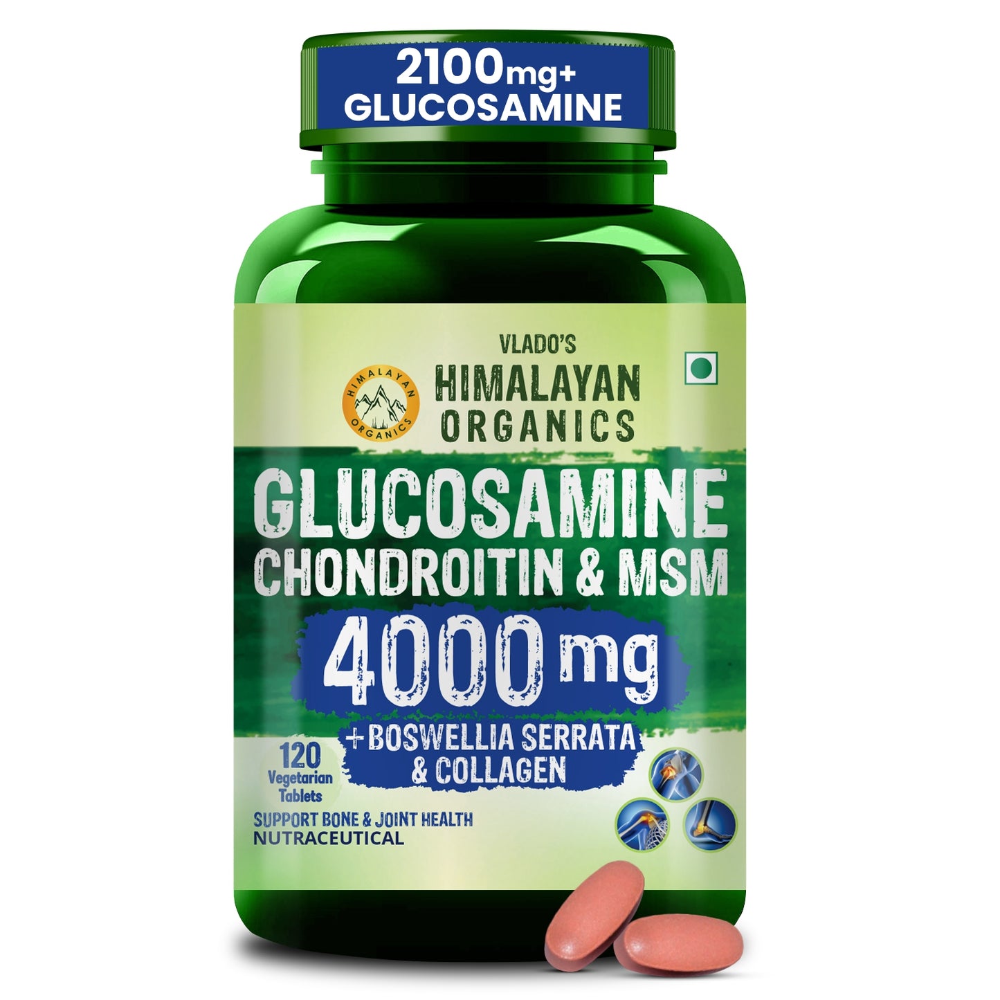 Vlado’s Himalayan Organics Glucosamine Chondroitin MSM Tablets | Cartilage & Joint Support Supplement | Glucosamine for Joint Relieves Pain and Stiffness I Added Collagen peptides, Curcuma, Vitamin D & Boswellia - Pure Veg Formula - 120 Vegetarian Tablets