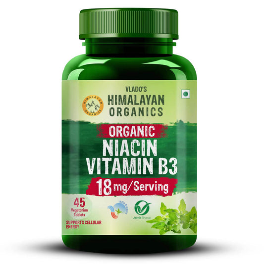 Vlado's Himalayan organics - Organic Niacin (Vitamin B3 ) 18 mg / Serving -  for Vascularity & Increase Cellular Energy - 45  Veg Tablets
