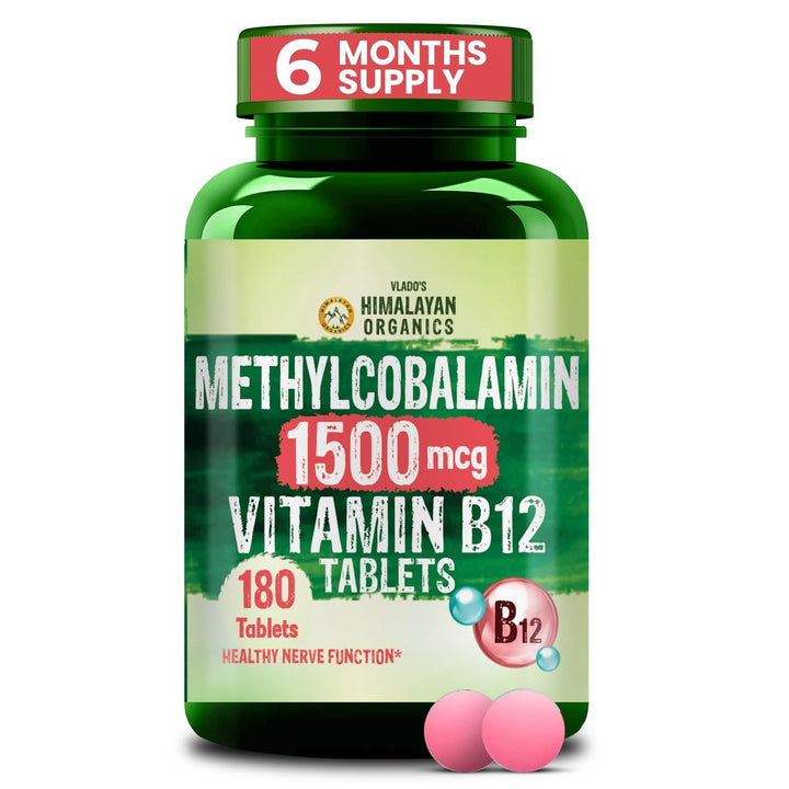 Vlado's Himalayan Organics Vitamin B12 Tablets 1500 mcg -Active form of Methylcobalamin Vitamin B12 Supplements for Men & Women- 180 Veg Tablets (6 Months Supply Pack)