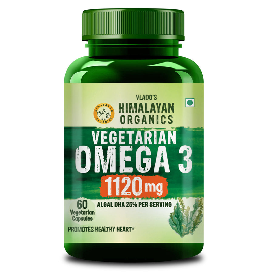 Vlado's Himalayan Organics Vegetarian Omega 3 - 1120 MG Supplement | 3X Strength | Veg DHA | Vegetarian Omega 3 | Algal DHA | Plant Based | No Fish oil Used I Healthy Heart, Joints & Eyes I Omega Capsules for Men & Women- 60 Veg Capsules