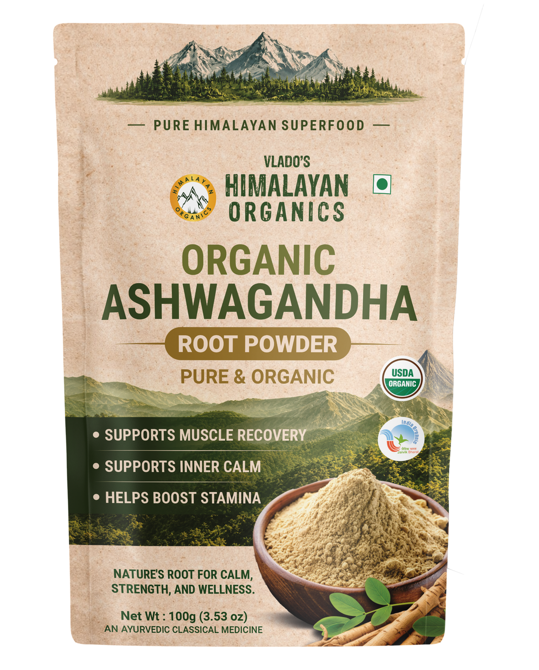 Vlado's Himalayan Organics |Organic Ashwagandha Powder 100gm - Withania Somnifera | Pure Ashwagandha Powder Organic -Support Muscle Recovery & Boost Energy Level | USDA Certified for Vitality, Strength & Stress Management | 100gm