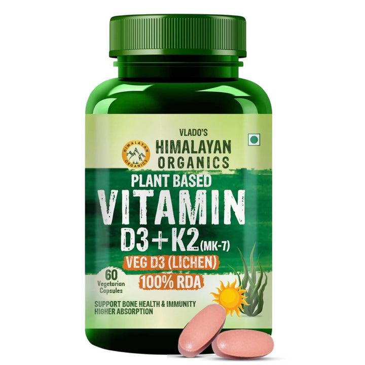 Vlado's Himalayan Organics Plant Based 600iU Supplement | Vitamin D3(Lichen) + K2(Menaquinone Mk7) | Faster Absorption | Boost Immunity | Healthy Bones -60 Veg Capsules