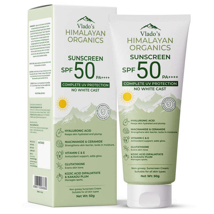 Vlado's Himalayan Organics Sunscreen SPF 50 PA+++ with Hyaluronic Acid, Niacinamide, Glutathione, Vitamins C & E, Kojic Acid, Kakadu Plum & Ceramide | No White Cast | 12H Protection | All Skin Types | Men & Women