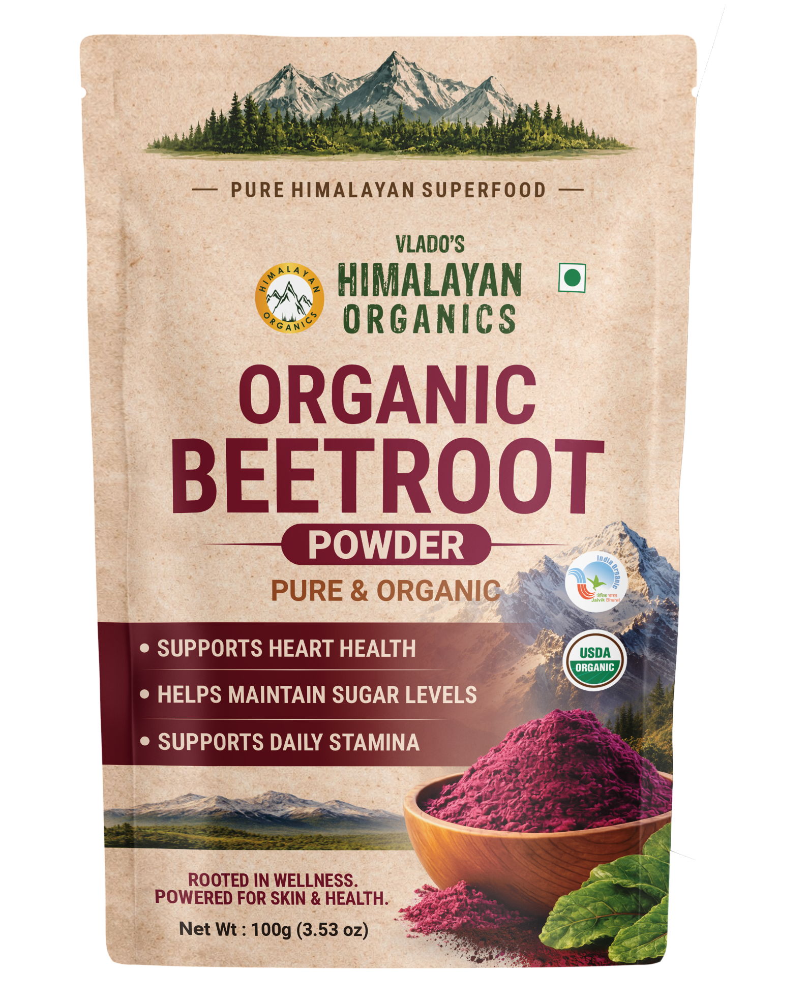 Vlado's Himalayan Organics Beetroot Powder For Face, Skin & Hair I Drinking | Eating | Boost Energy | Shining Skin | Rich In Antioxidants Natural Brightening, Anti-Aging & Glowing Complexion 100g