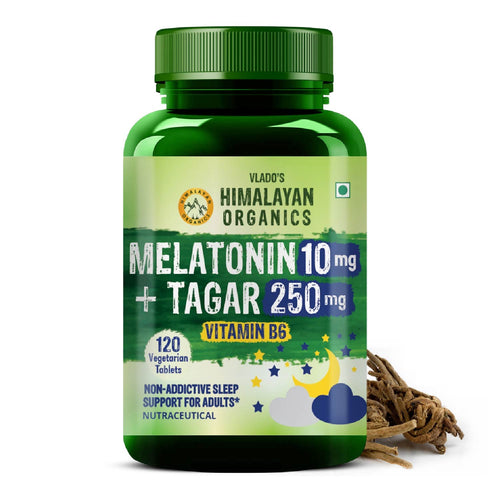 Vlado's Himalayan Organics Melatonin 10mg + Tagar 250mg | Non-Habit Forming, Potent Sleep Aid Formula  - 120 Veg Tabs
