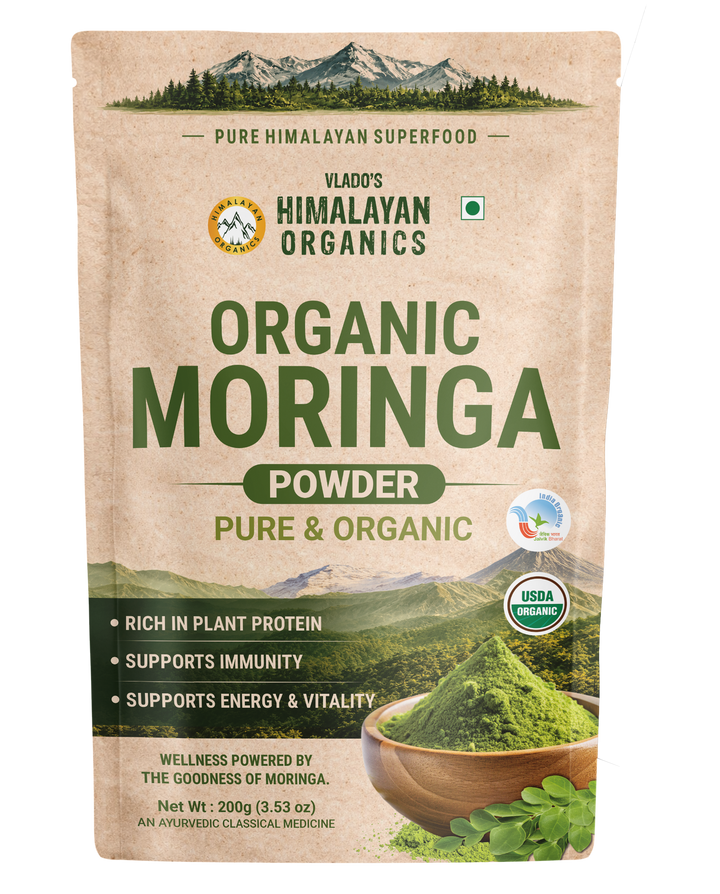 Vlado's Himalayan Organics |Organic Certified Moringa Powder - Natural Superfood with 120+ Nutrients, Antioxidants & Vitamins - Drumstick Leaf powder | Herbal Supplement I for Immunity, Digestion & Energy I Rich In Antioxidant & Protein - 200g