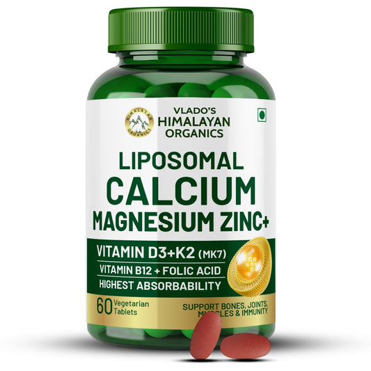 Vlado’s Himalayan Organics Liposomal Calcium Magnesium + Zinc | Vitamin D3+k2 Supplement For Stronger Bones | Boost Immunity | Healthy Heart | Muscle Growth - 60 Veg Tablets