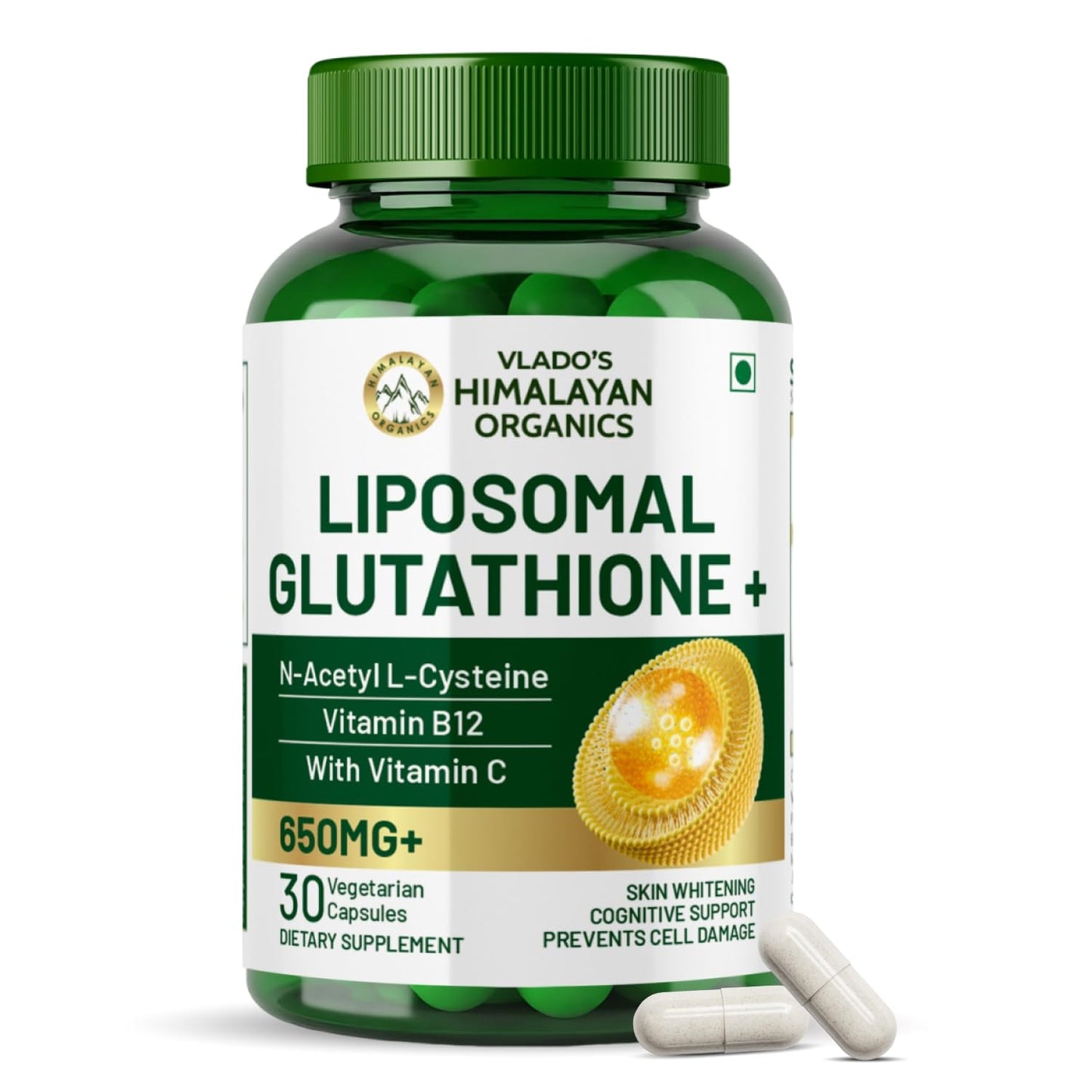 Vlado's Himalayan Organics Liposomal Glutathione 650 mg+ Advanced Liposomal Formula with N-Acetyl L-Cysteine , Vitamin C & B12 - Cellular & Face Health - Helps in Skin Hydration & Skin Glow - Liver Health & Detoxification Support - 30 Veg Capsules