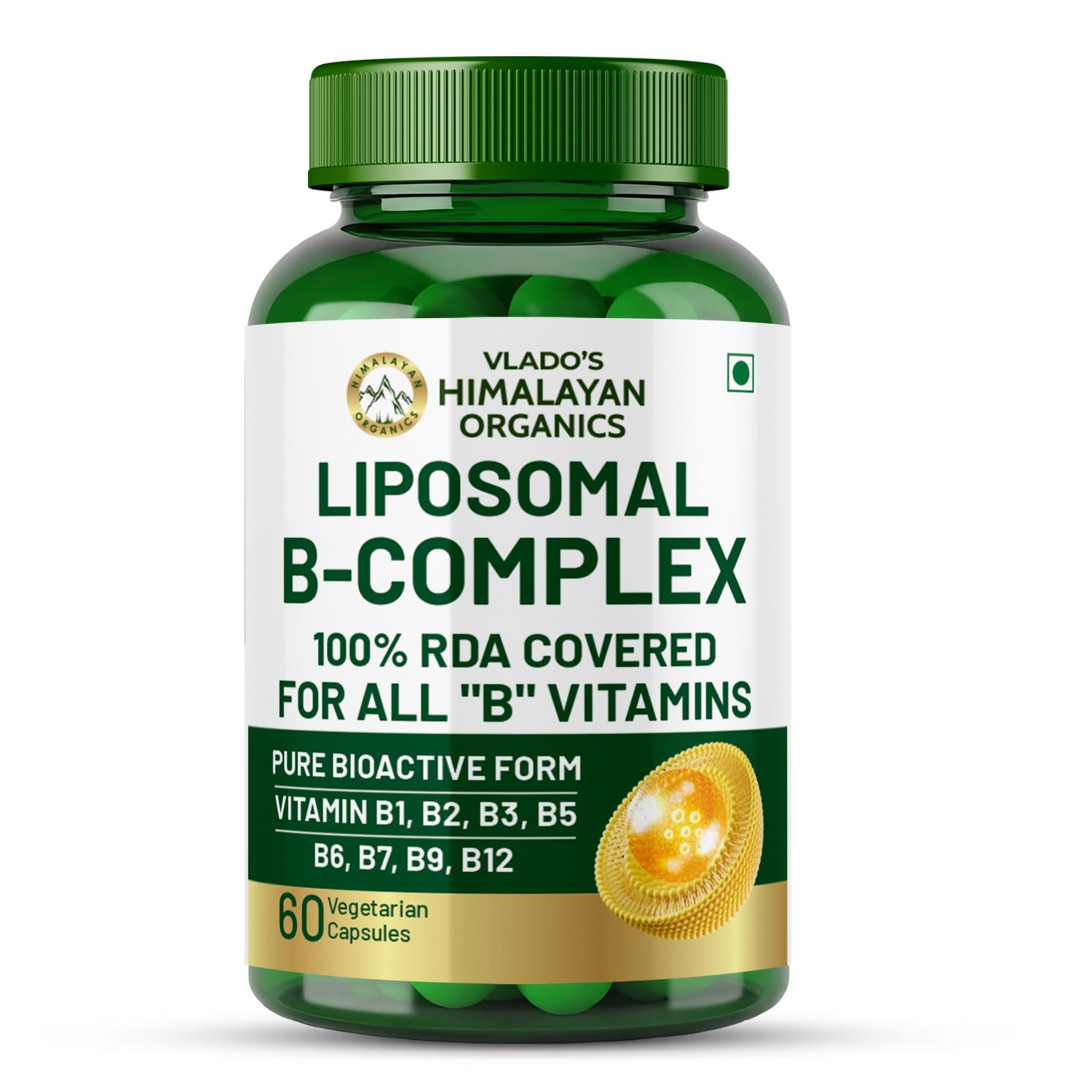 Vlado’s Himalayan Organics Liposomal Vitamin B Complex with 100% RDA B1, B2, B3, B5, B6, B9 & B12 | Hair Growth, Boost Energy And Immunity (60 Capsules)
