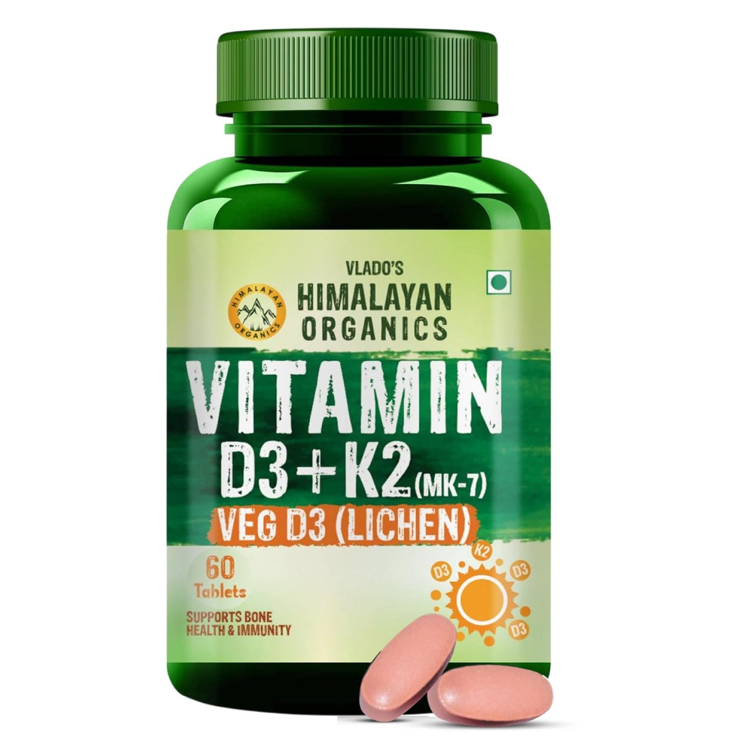 Vlado's Himalayan Organics Vitamin D3 K2 Tablets 600 IU with K2 MK7 55 mcg | Lichen Source Plant Based Vitamin D3 Supplement | Supports Bone Health, Calcium Absorption, Heart Health & Immunity | 60 Veg Tablets