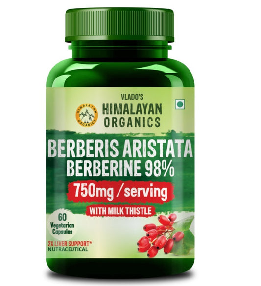 Vlado's Himalayan Organics Berberis Aristata Berberine 98% with Milk Thistle for 2X Liver Support - 60 Capsules