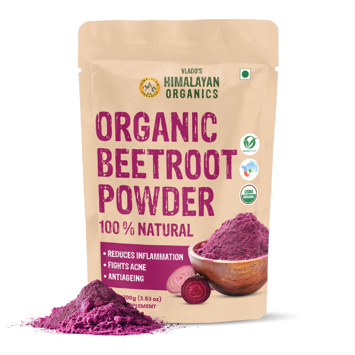Vlado's Himalayan Organics Beetroot Powder For Face, Skin & Hair I Drinking | Eating | 100% Pure | Boost Energy | Shining Skin | Rich In Antioxidants Natural Brightening, Anti-Aging & Glowing Complexion 100g
