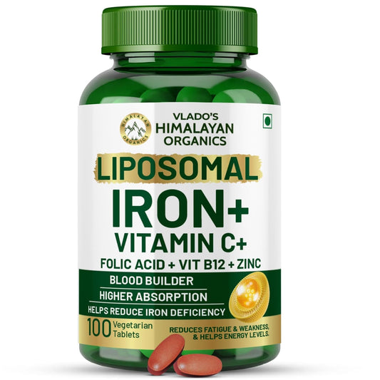 Vlado's Himalayan Organics Liposomal Iron supplement with Vitamin C,B12,Zinc & Folic Acid | Boost Hemoglobin Levels | Improves Concentration Level,Energy & Blood Building-100 Veg Tablets