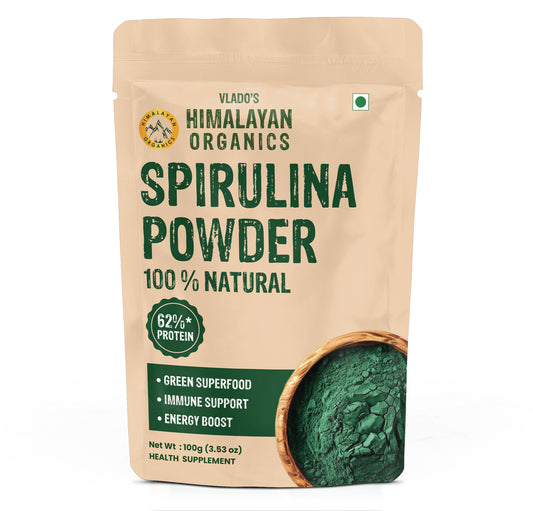 Vlado's Himalayan Organics Spirulina Powder (100g) | For Men & Women | Contains 62% Protein I Natural Superfood | Rich in Protein, Vitamins & Minerals | Boost Energy & Immunity | Support Digestion & Skin health
