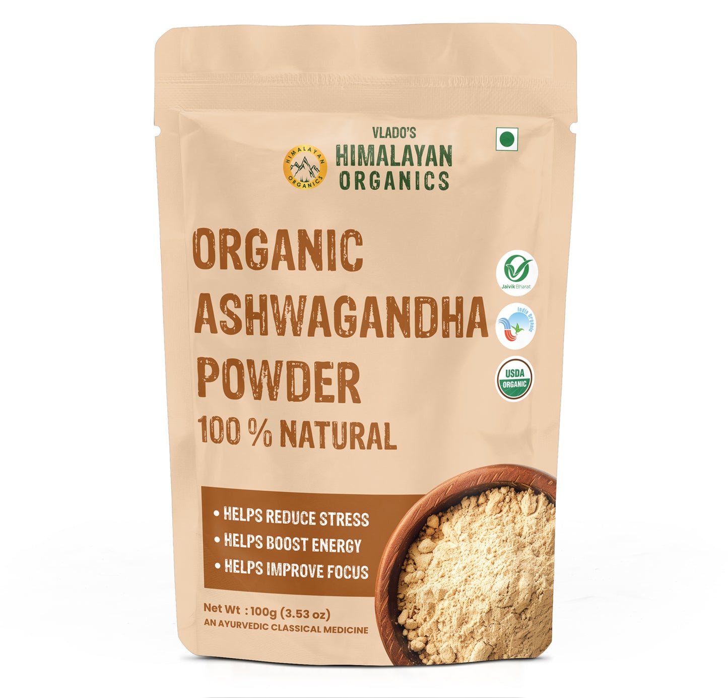 Vlado's Himalayan Organics 100% Organic Ashwagandha Powder 100gm - Withania Somnifera | Pure Ashwagandha Powder Organic -Support Muscle Recovery & Boost Energy Level | USDA Certified for Vitality, Strength & Stress Management | 100gm
