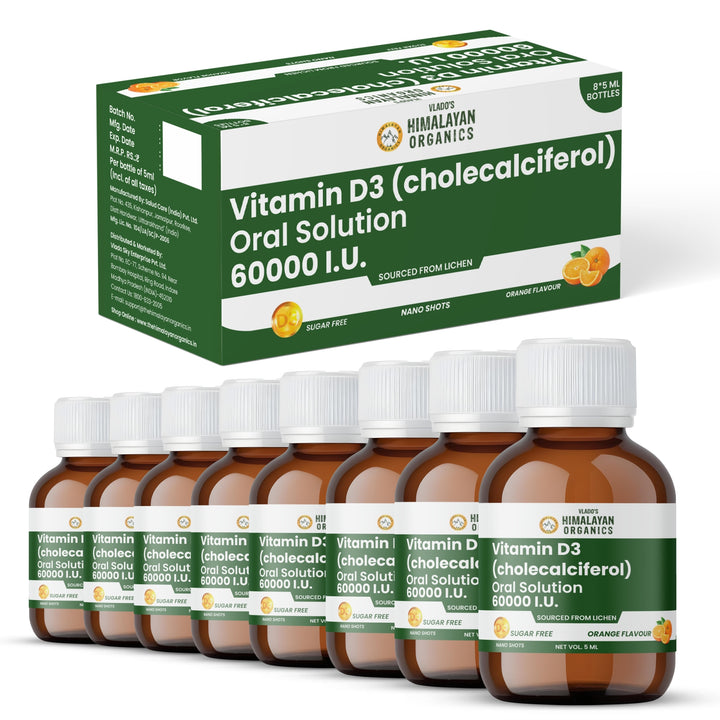 Vlado's Himalayan Organics Vitamin D3 60000 IU Shots | Cholecalciferol Vitamin D3 60000 IU Supplement I Sugar Free I Oral Solution I Vitamin D 60K for Men & Women – 5ml Each bottle - Orange Flavour - (Pack of 8)