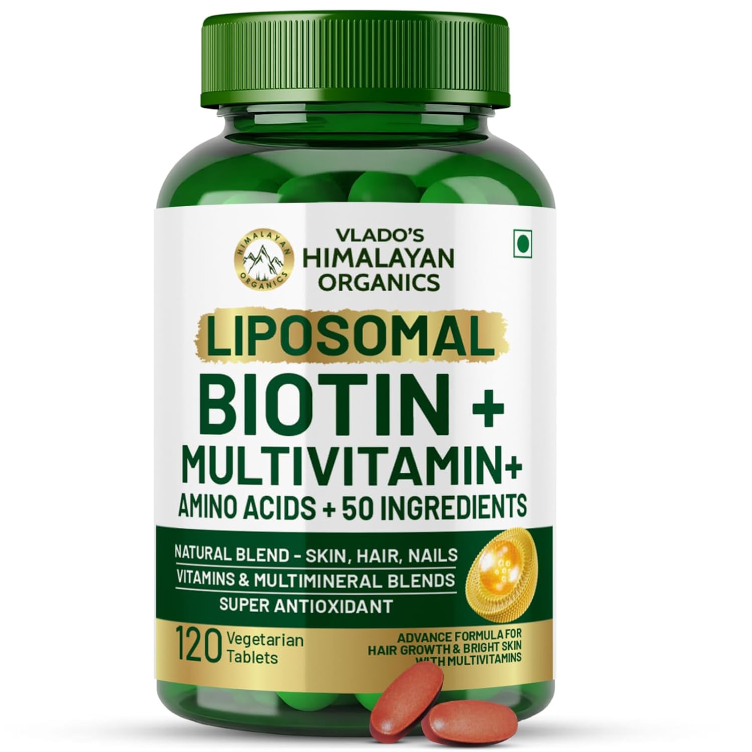 Vlado’s Himalayan Organic Liposomal Biotin 10000 MCG Supplement For Men And Women With Amino Acids+Multivitamin+Multimineral For Healthy Hair, Skin & Nails -120 Vegetarian Tablets