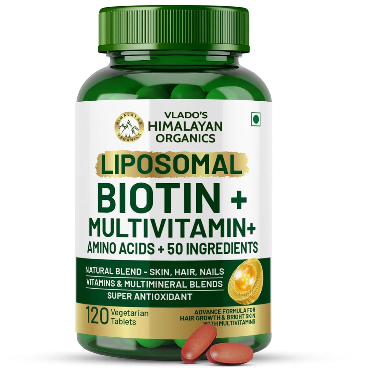 Vlado’s Himalayan Organic Liposomal Biotin 10000 MCG Supplement For Men And Women With Amino Acids+Multivitamin+Multimineral For Healthy Hair, Skin & Nails -120 Vegetarian Tablets