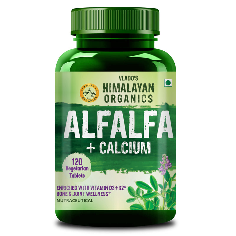 Vlado's Himalayan Organics Alfalfa Calcium 1200mg with Vitamin D, k2, Mk7, B12, Zinc & Magnesium - 120 Veg Tablets