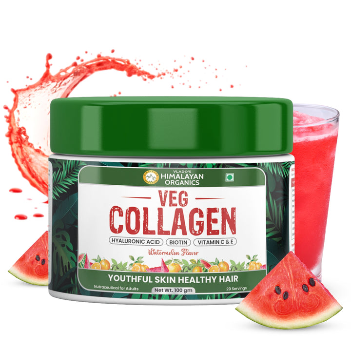 Vlado's Himalayan Organics Plant Based Vegan Collagen supplements - Healthy Skin, Hair & Nails - Skin Radiance - Clinically Proven - Reduce Pigmentation, Dark Spots & Brighten Skin Tone - Supplement for Women - 100 Grams ( Watermelon Flavor )