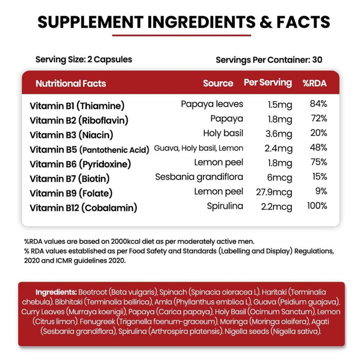 Vlado's Himalayan Organics Natural Vitamin B12 Supplement- with Vitamin B1,B2,B3,B5,B6,B7,B9,Moringa | Support Nerve Health & Brain Function I Energy Production, Energy, Maximize Absorption, Boost Metabolism I For Men & Women - 60 Vegetarian Capsules