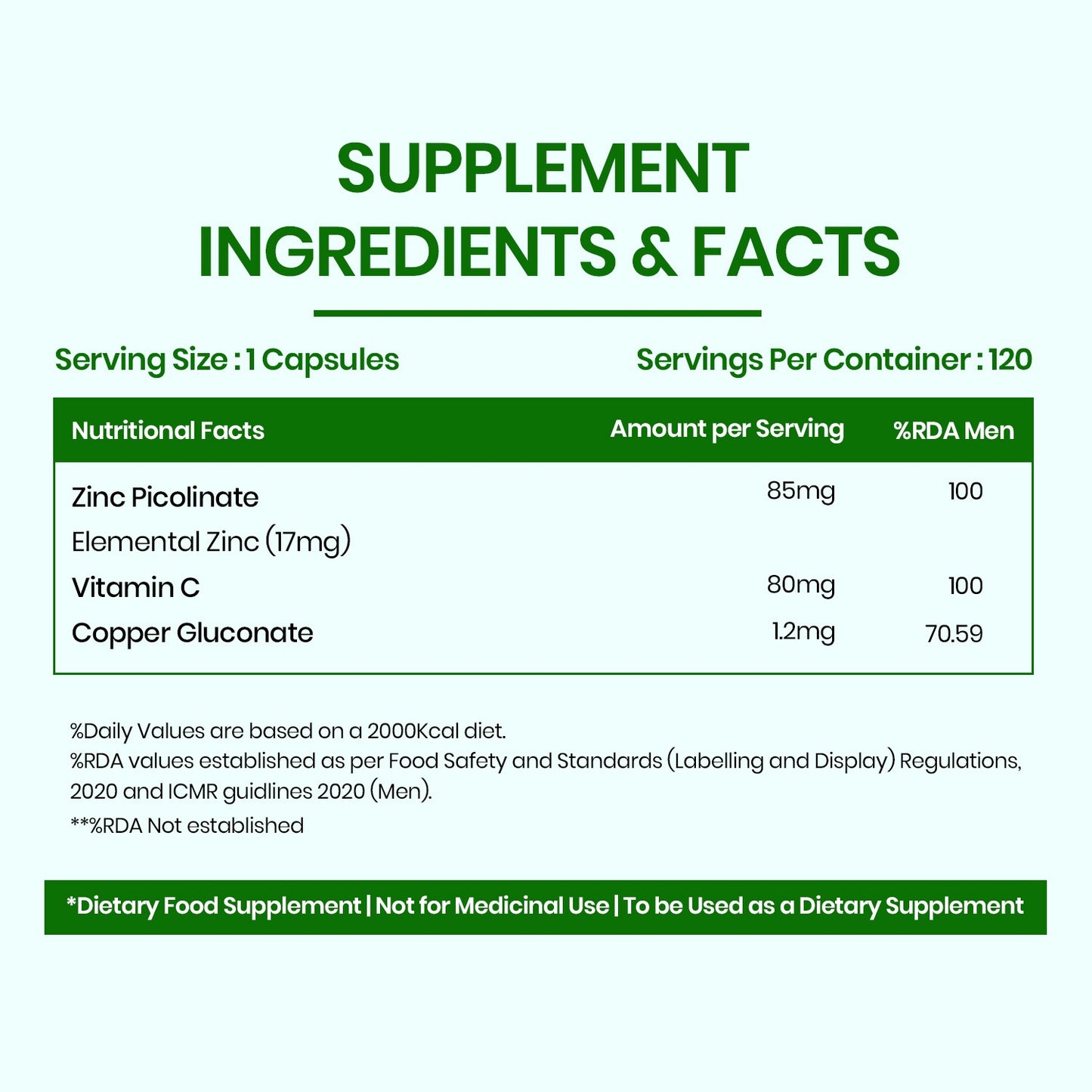 Vlado's Himalayan Organics Zinc Picolinate with Vitamin C & Copper | Zinc Supplements for Men with 100% RDA Zinc | Immunity & Cellular Health Support – 120 capsules