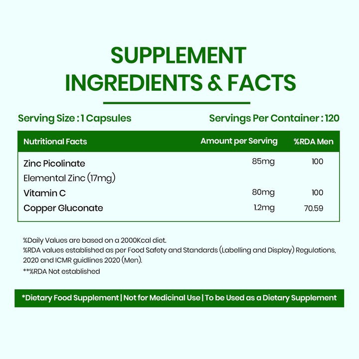 Vlado's Himalayan Organics Zinc Picolinate with Vitamin C & Copper | Zinc Supplements for Men with 100% RDA Zinc | Immunity & Cellular Health Support – 120 capsules