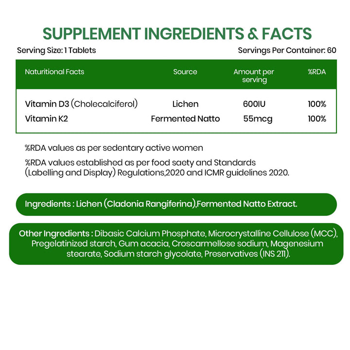 Vlado's Himalayan Organics Vitamin D3 K2 Tablets 600 IU with K2 MK7 55 mcg | Lichen Source Plant Based Vitamin D3 Supplement | Supports Bone Health, Calcium Absorption, Heart Health & Immunity | 60 Veg Tablets