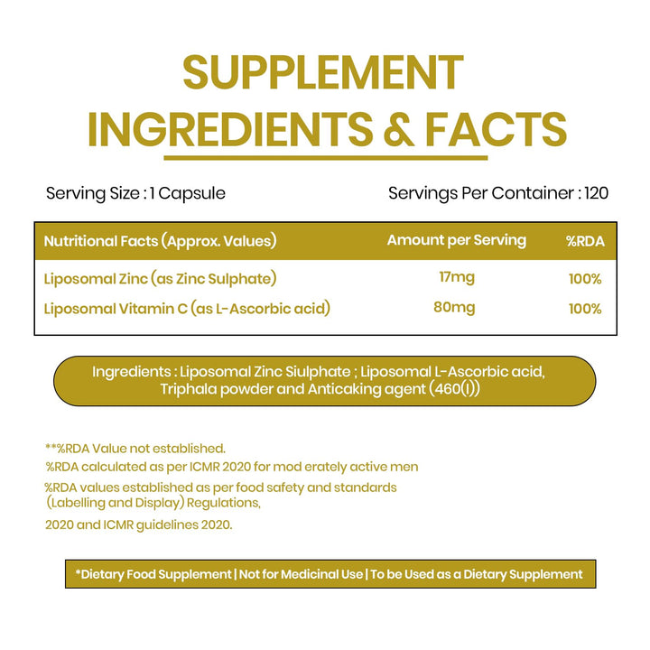 Vlado's Himalayan Organics Liposomal Zinc With Vitamin C Supplement | Digestive Health | Improve Iron Absorption | Double Antioxidant & Immune Support -120 Veg Capsules
