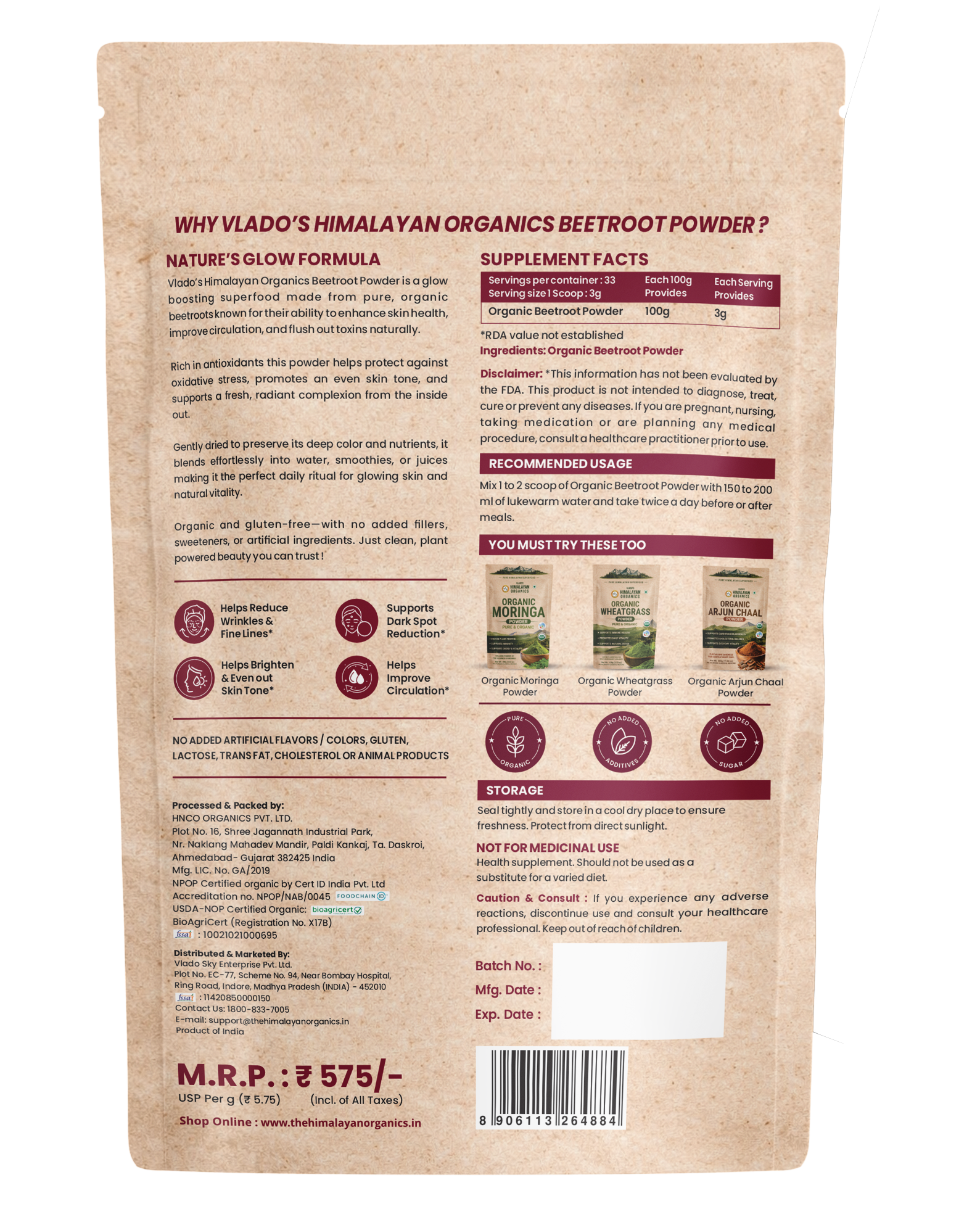 Vlado's Himalayan Organics Beetroot Powder For Face, Skin & Hair I Drinking | Eating | Boost Energy | Shining Skin | Rich In Antioxidants Natural Brightening, Anti-Aging & Glowing Complexion 100g