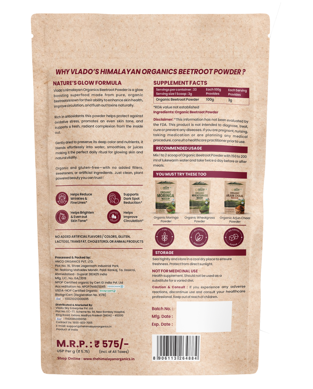 Vlado's Himalayan Organics Beetroot Powder For Face, Skin & Hair I Drinking | Eating | Boost Energy | Shining Skin | Rich In Antioxidants Natural Brightening, Anti-Aging & Glowing Complexion 100g