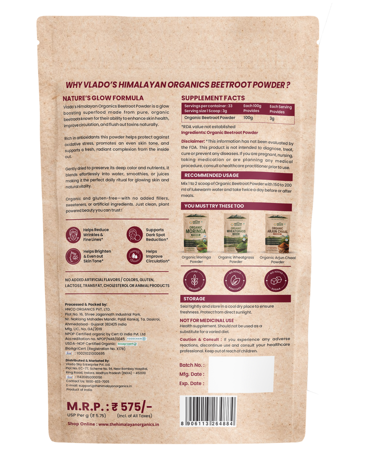 Vlado's Himalayan Organics Beetroot Powder For Face, Skin & Hair I Drinking | Eating | Boost Energy | Shining Skin | Rich In Antioxidants Natural Brightening, Anti-Aging & Glowing Complexion 100g